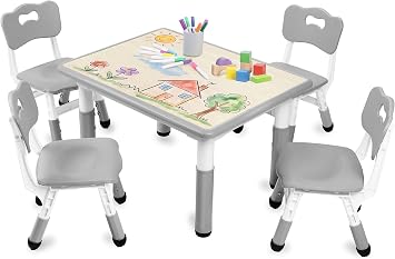 Kinder King Kids Table & 4 Chairs Set, Adjustable Heights, Grey | Graffiti Tabletop, Children Activity Table, Studying, Drawing, Toddler Furniture Set for Playroom, Daycare, Home, Age 3+