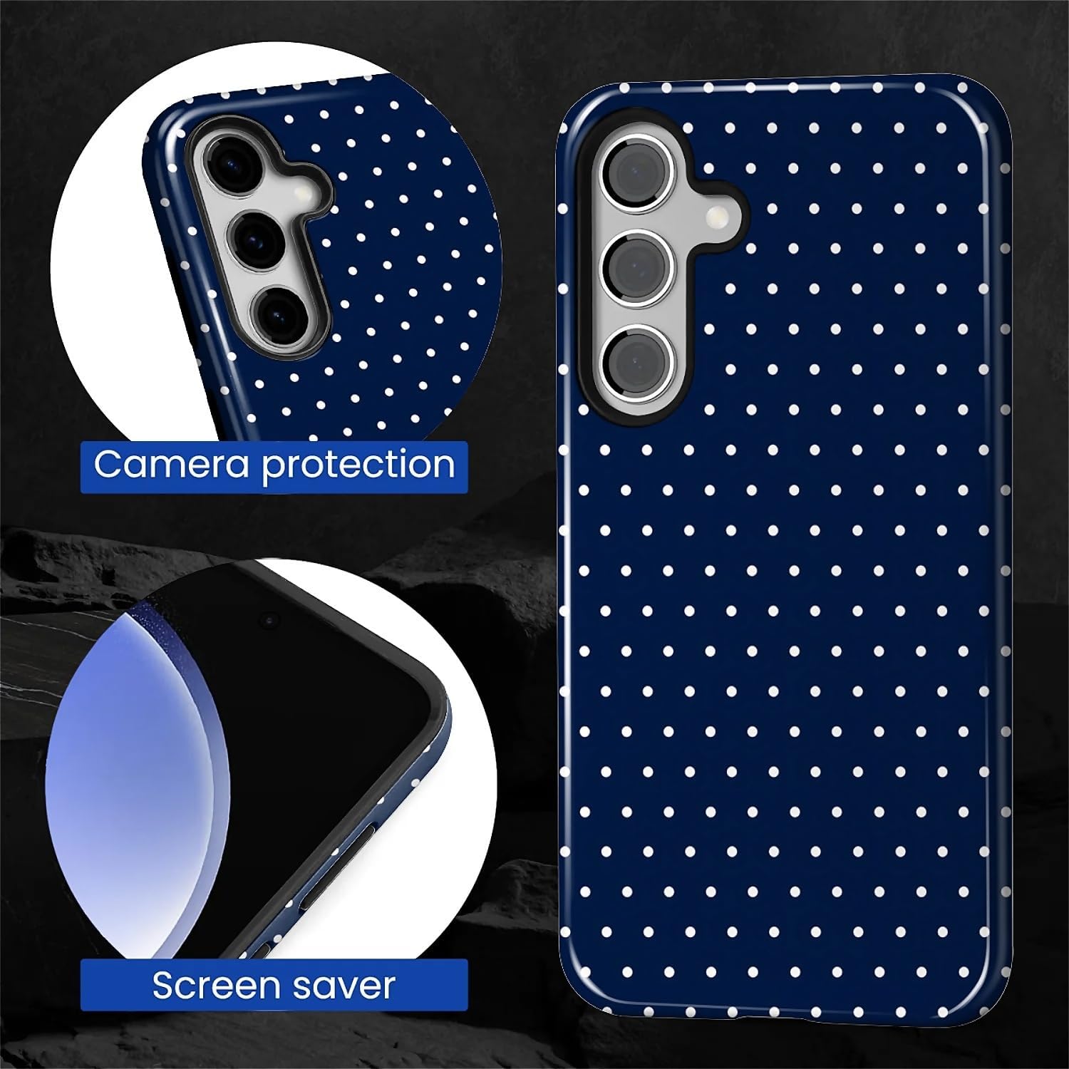 Case for Samsung Galaxy S25, Hybrid Heavy Duty 2 in 1 Full Body Rugged Shockproof Protection Glossy Case for Samsung Galaxy S25 Polka Dot Aesthetics Navy Blue - Image 2