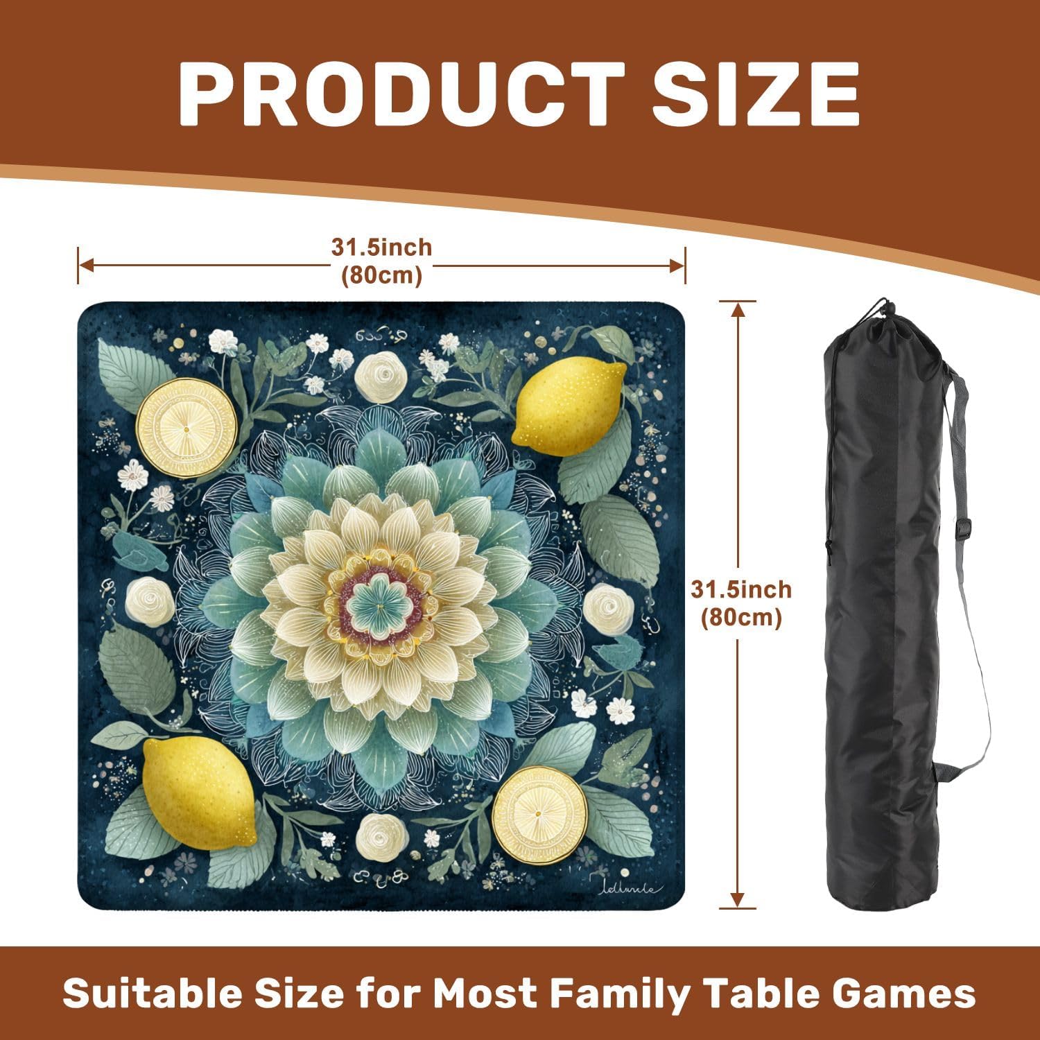 Lemon Mahjong Mat with Carrying Bag 31.5" x 31.5" Non-Slip Noise Reduction Floral Mandala Wall Art Lemon Leaf Border Table Mat for Mahjong Poker Dominoes Card Board Tile Games
