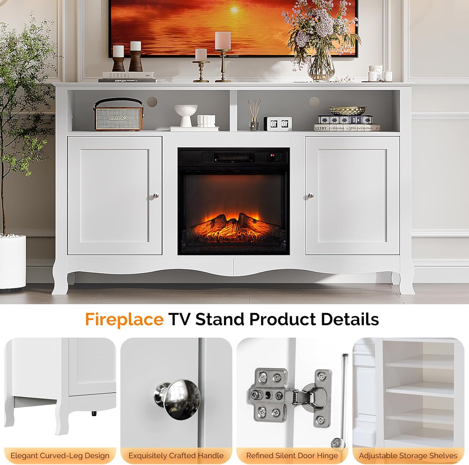 Bonnlo Fireplace TV Stand for Up to 70" TVs, White Electric Fireplace Console with Storage, French Curved-Leg Modern Entertainment Center