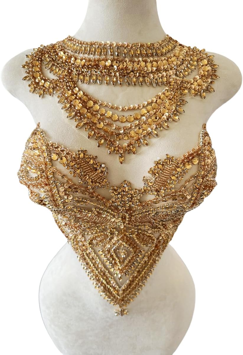 Handmade Rhinestones Applique sew on lace Crystal Sequins Trim Patches Accessories for Dress Clothing Neckline and Chest Decorative Material 2PCS/Set (Champagne)