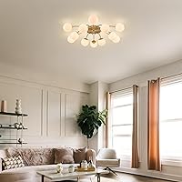 Vista 4 de 12-Light Gold Sputnik Semi Flush Mount Ceiling Lights, 38.1 in. Mid Century Milk Glass Globe Bubble Chandeliers Light Fixture Blossom Accent for
