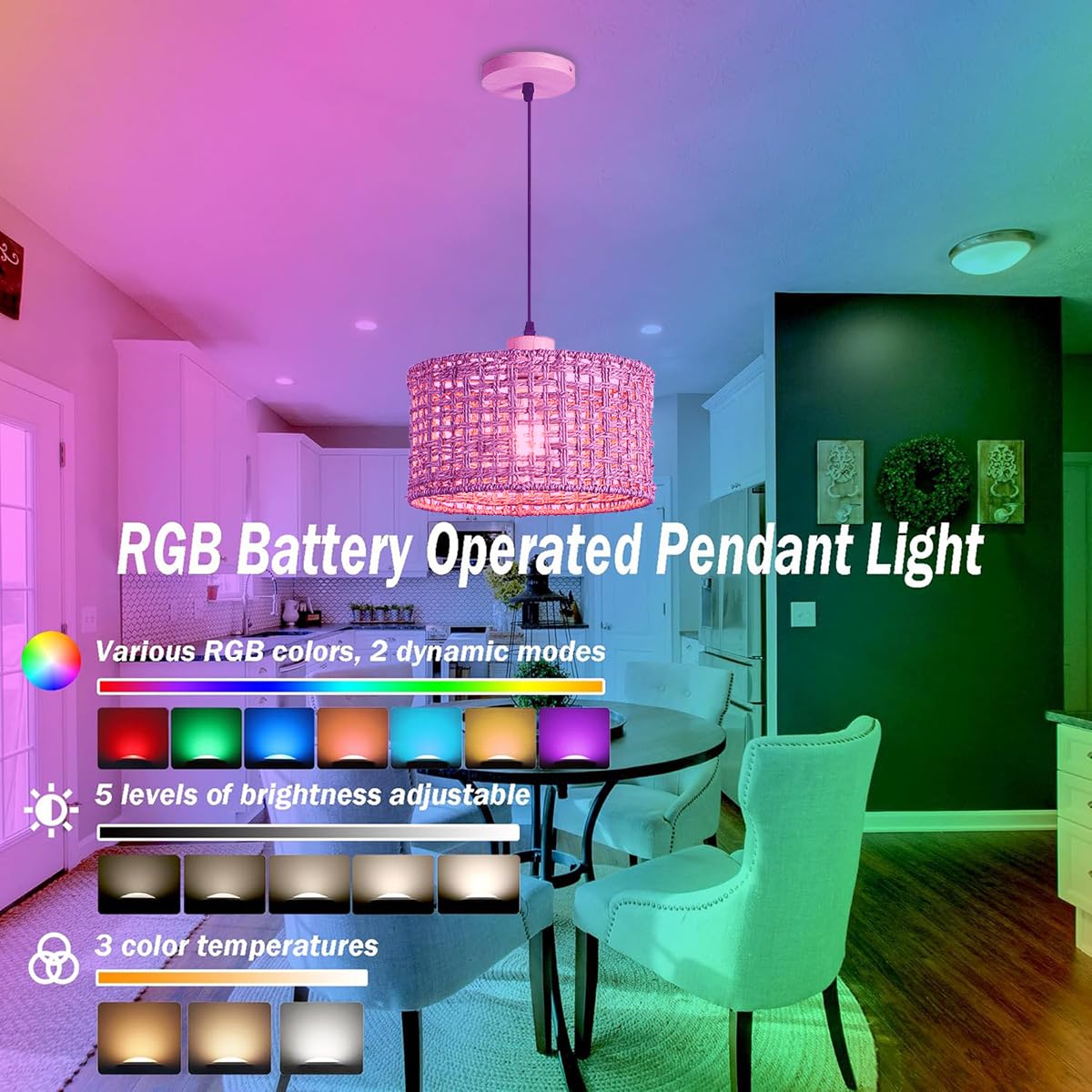 KZT Bambus Pendelleuchte mit Batterie und Fernbedienung Batteriebetriebene Hängeleuchte Rattan Hängelampe Mit 10.000 mAh RGB wiederaufladbaren Glühbirnen für Küche, Keine Verkabelung erforderlich