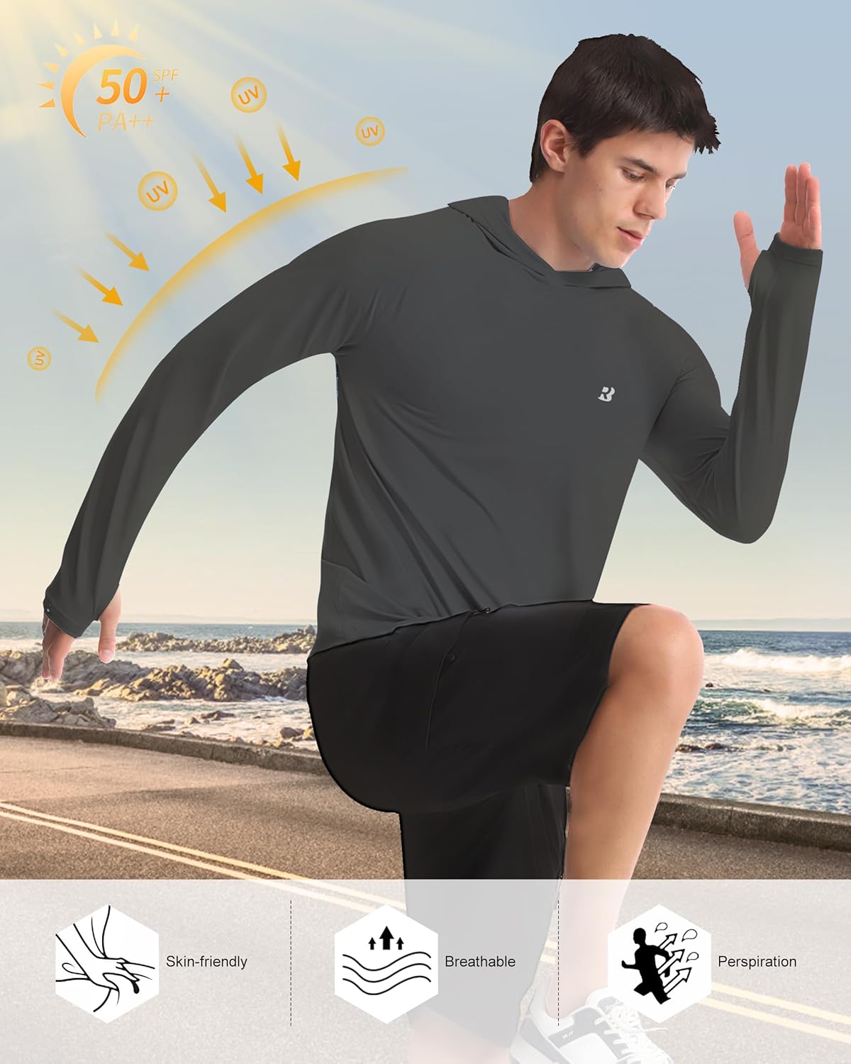 Roadbox UPF 50+ Fishing Shirts for Men, Long Sleeve UV Protection Sun Hoodie, Swim Rash Guard for Hiking Running Workout - Image 4