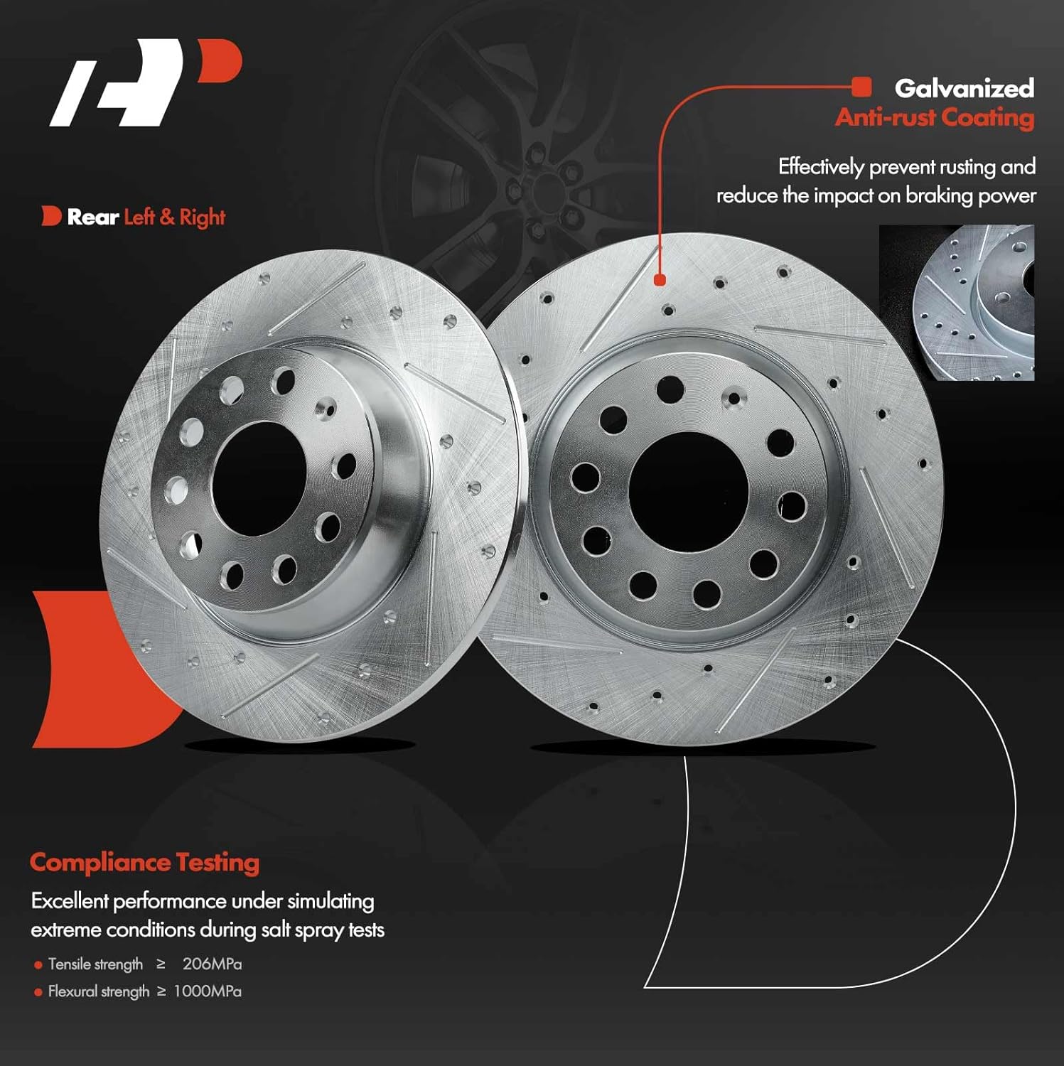 A-Premium 11.25 inch (285.80mm) Rear Drilled and Slotted Disc Brake Rotors + Ceramic Pads Kit Compatible with Select Volkswagen and Audi Models - Jetta, Passat, Tiguan, Eos, GTI, A3 Quattro, 6-PC Set