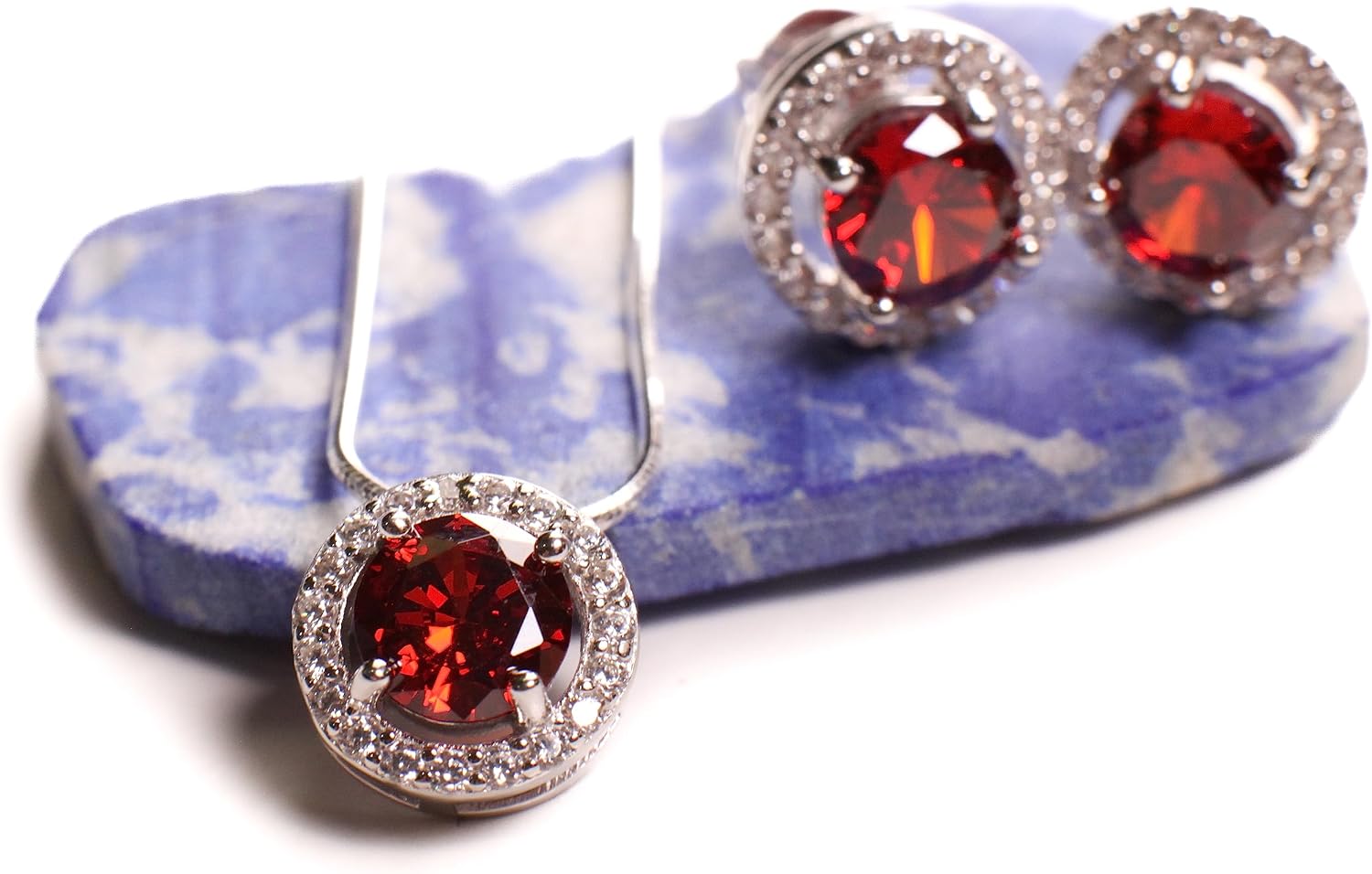 Genuine Garnet with CZ Round diamond setting 925 sterling silver post earrings and pendant jewelry set