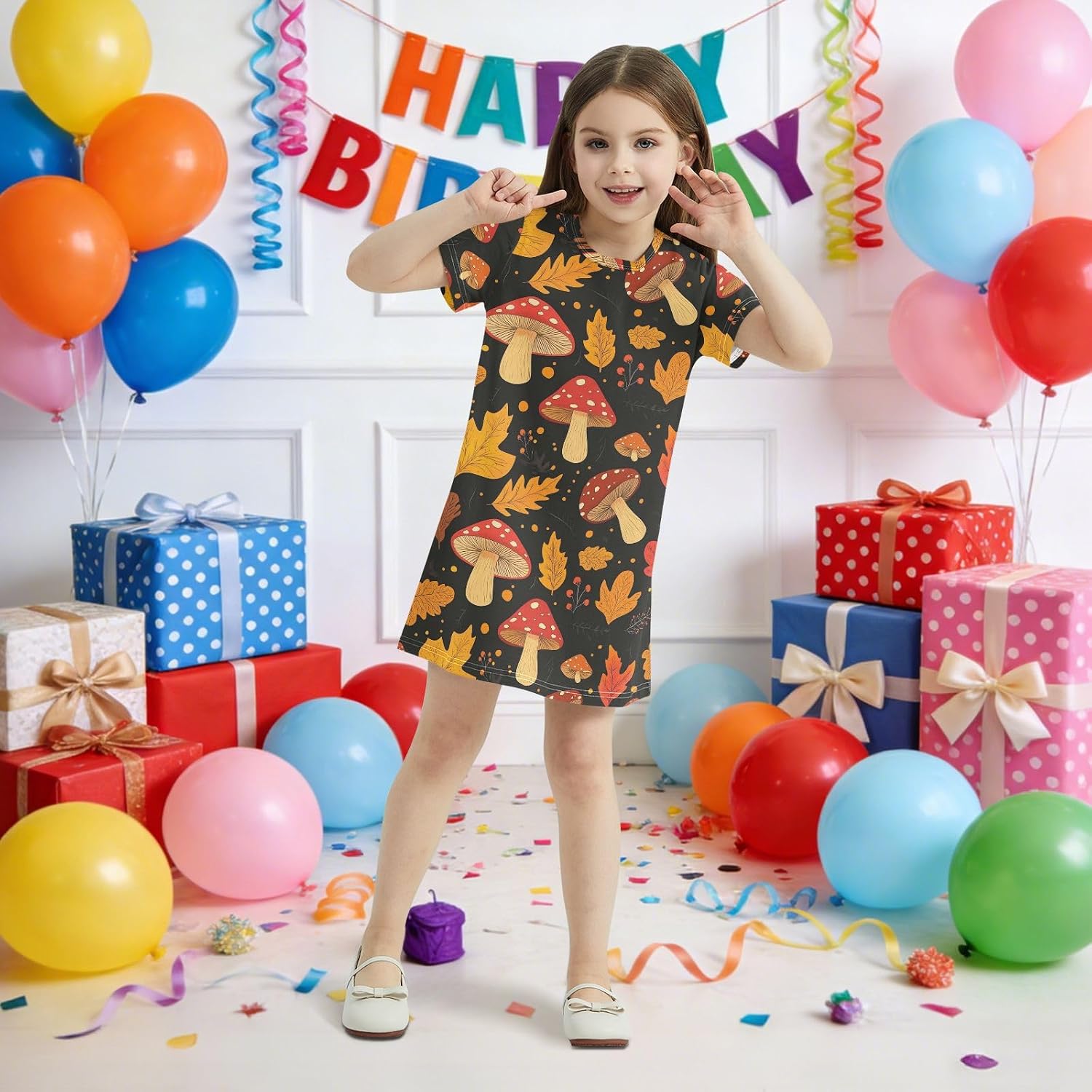 Fall Mushroom Girls Dresses Summer Dresses for Girls with Cotton Short Sleeves for Casual a Line Dress Size 2-8Y