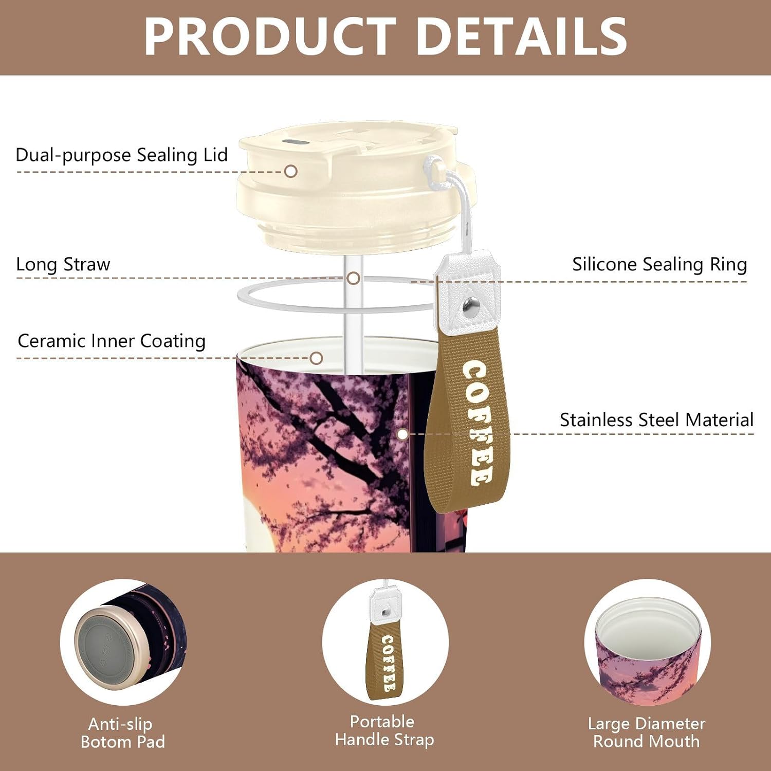 Insulated Coffee Mug Landscape Cat Sit with Straw & Flip Lid, 16.9oz Iced Tumbler Cup, Double Wall Vacuum Mug for Travel Office Camping