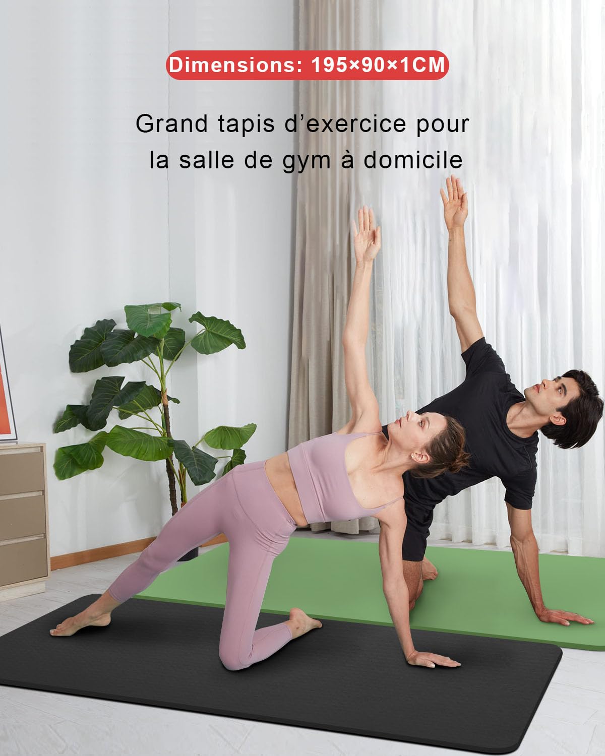 Tapis de yoga antidérapant - 195 x 90 cm - TPE - 10 mm d'épaisseur - Tapis de sport XL avec sangle de transport + sac pour Pilates, yoga, entraînement