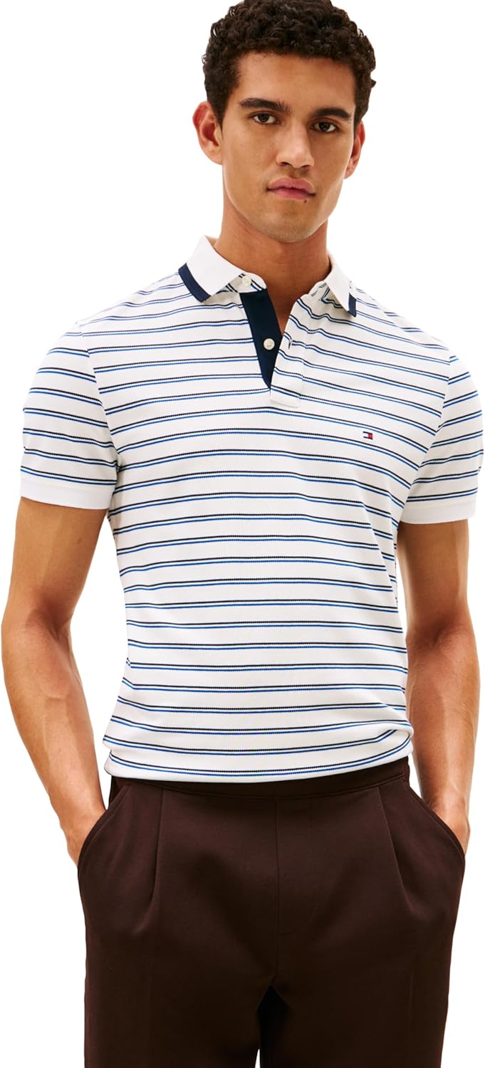 Tommy Hilfiger Men's Short Sleeve Casual Dri Fit Polo Shirts in Regular Fit with Stretch and Graphic Collar Detail