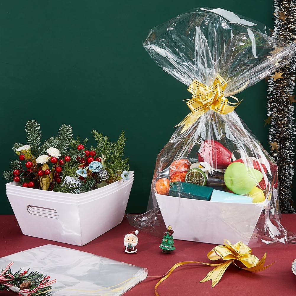 SUPERFINDINGS 6 cesti regalo in cartone bianco, kit vuoto con sacchetti di plastica e fiocco, scatole regalo in carta kraft, robuste, fai da te, cesti regalo per Pasqua, Natale, compleanno, matrimonio