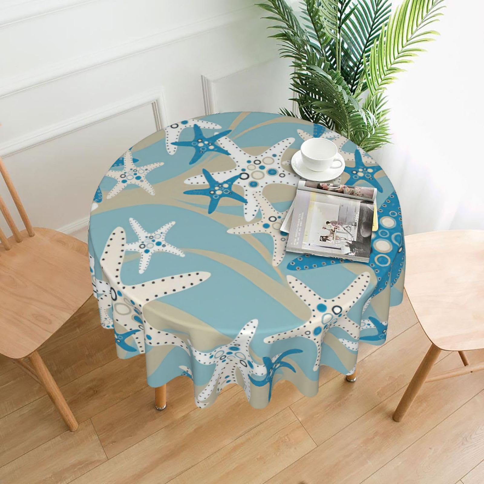 Uusnwaa Beautiful Starfish Print Round Tablecloth 60 Inch, Stain Wrinkle Resistant Washable Polyester Table Cover For Kitchen Party