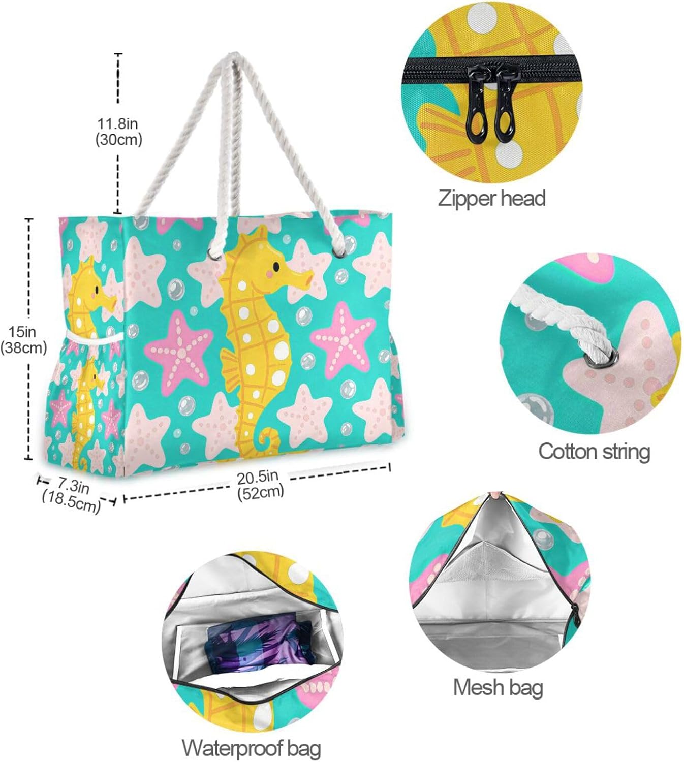 OTVEE Yellow Seahorses Sea Stars Pattern Beach Bags for Women Ladies Large Canvas Tote Shoulder Bag Waterproof Travel Bags for Gym Swim Pool Camping