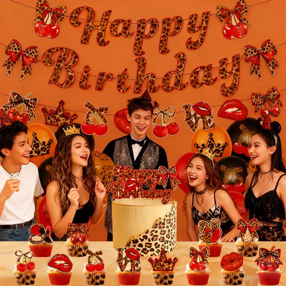 Cheetah Cherry Birthday Party Decoration Set, Happy Birthday Leopard Banner, Lipstick/Crown/Cherry Printed Balloons, Cake Toppers, Themed Party Decor Sulpplies for Girls Women (Cheetah Printed) - Image 6