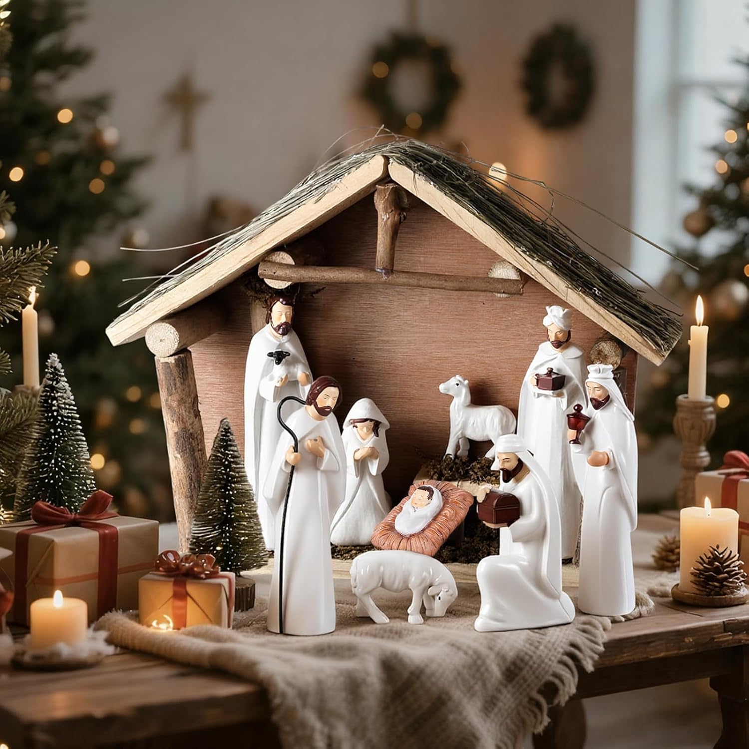 VioraWhite 9 Pack Nativity Set with Stable Sculpted Hand-painted Figures with Wooden Stable Manger Scene Nativity Sets & Figures Tabletop for Indoor Christmas Holiday Decor Xmas Fireplace Centerpieces