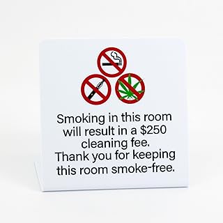 54pk No Smoking Room Signs for Hotel Guest Rooms, $250 Cleaning Fee, Tabletop Display, No Cigarettes, No Marijuana Or Vaping, 4" Tall, Plastic