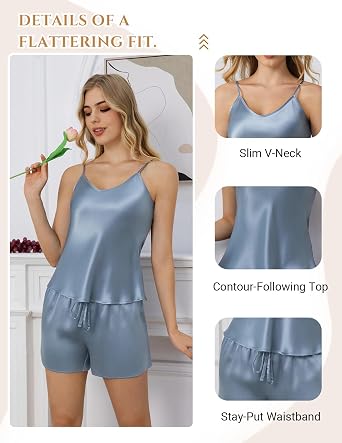 THXSILK 100% Mulberry Silk Pajama Set for Women, V-Neck Cami Shorts 2 Piece