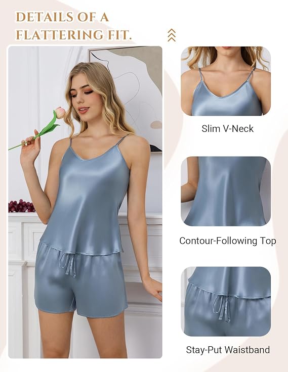 THXSILK 100% Mulberry Silk Pajama Set for Women, V-Neck Cami Shorts 2 Piece