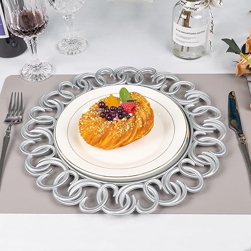 Miniatura 5 de MAONAME Juego de 6 platos de carga plateados de 13 pulgadas, cargadores de espejo para platos llanos, cargadores de platos de plástico con borde de