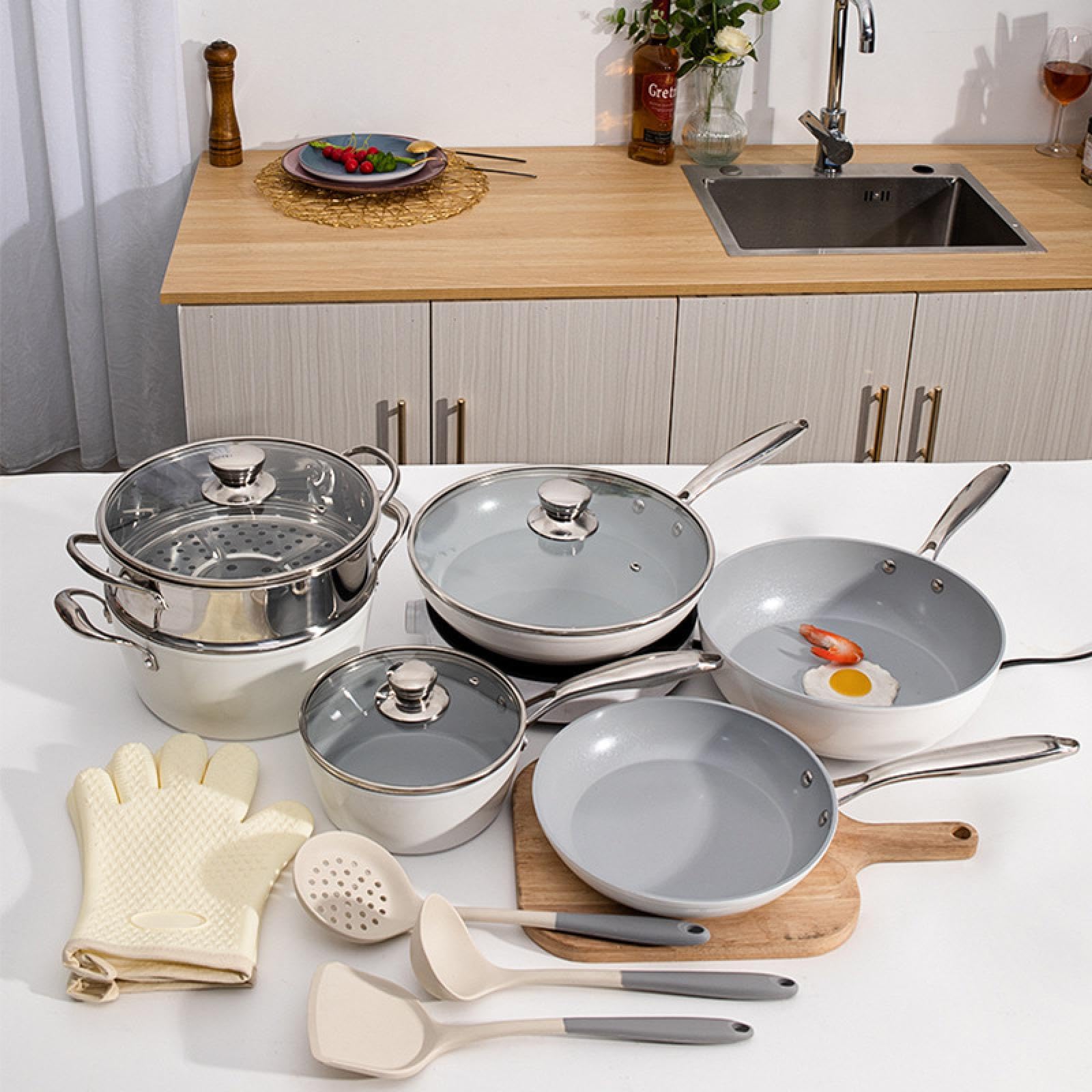 Zestaw patelni ceramicznych z powłoką nieprzywierającą, Wok, Patelnia, Garnek do zupy, Garnki wysokiej jakości, Zestaw pięcioczęściowy, Kuchenka indukcyjna, Uniwersalny Cross-Border/721(24cm*4.8cm Fry