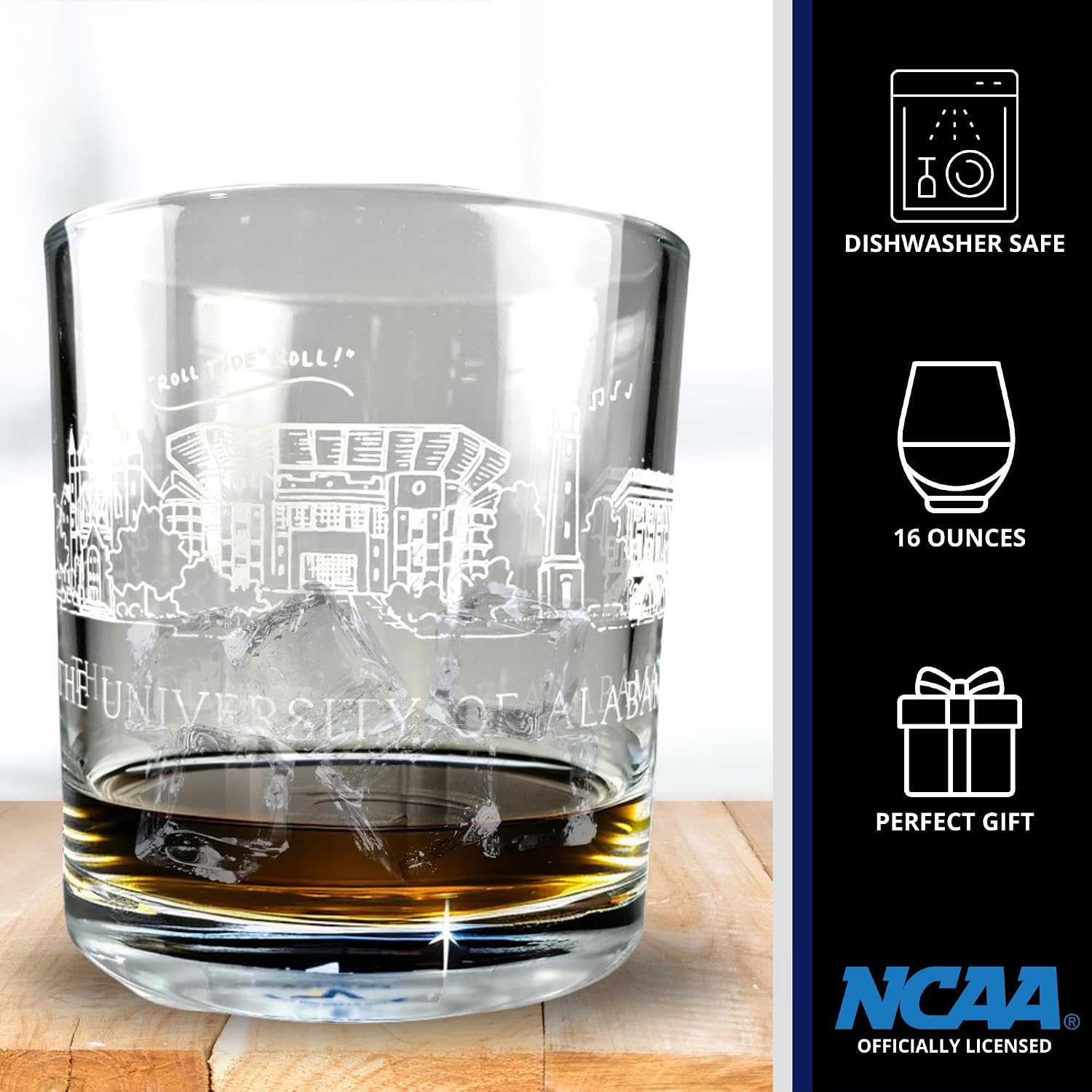 University of Alabama 16 oz DOF Rocks Glass Fine Barware- Unique Skyline Artwork Screened with UA Campus Landmarks - Great Holiday or Graduation Gift Idea - Cocktails, Liquor, or Spirit