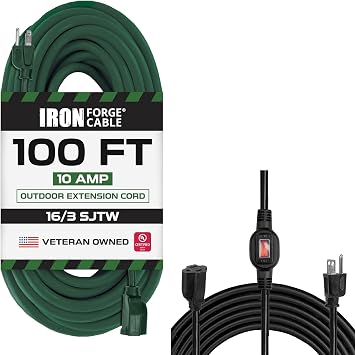 Iron Forge Cable Weatherproof 100Ft Outdoor Extension Cord - 16/3 SJTW 10Amp Heavy Duty Green Cable & 10 Ft Black Outdoor Extension Cord with IP65 Inline Switch On/Off, 16/3 SJTW 10 AMP - ETL Listed