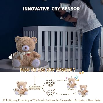 BEREST Newborns Musical Baby Sleep Soother, Mom's Heartbeat White Noise Machine, Bear Sleeping Aid with Cry Sensor|Night Light & 9 Sounds Therapy|Womb Sound Stuffed Toy for Toddler Crib|Deep Brown