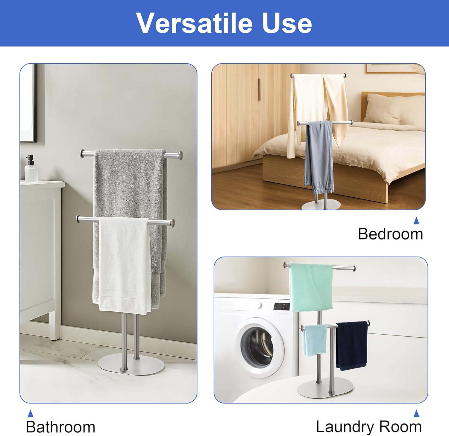 BVL Standing Towel Rack Brushed Nickel 2 Tiers Stainless Steel Adjustable Towel Drying Rack for Bathoom