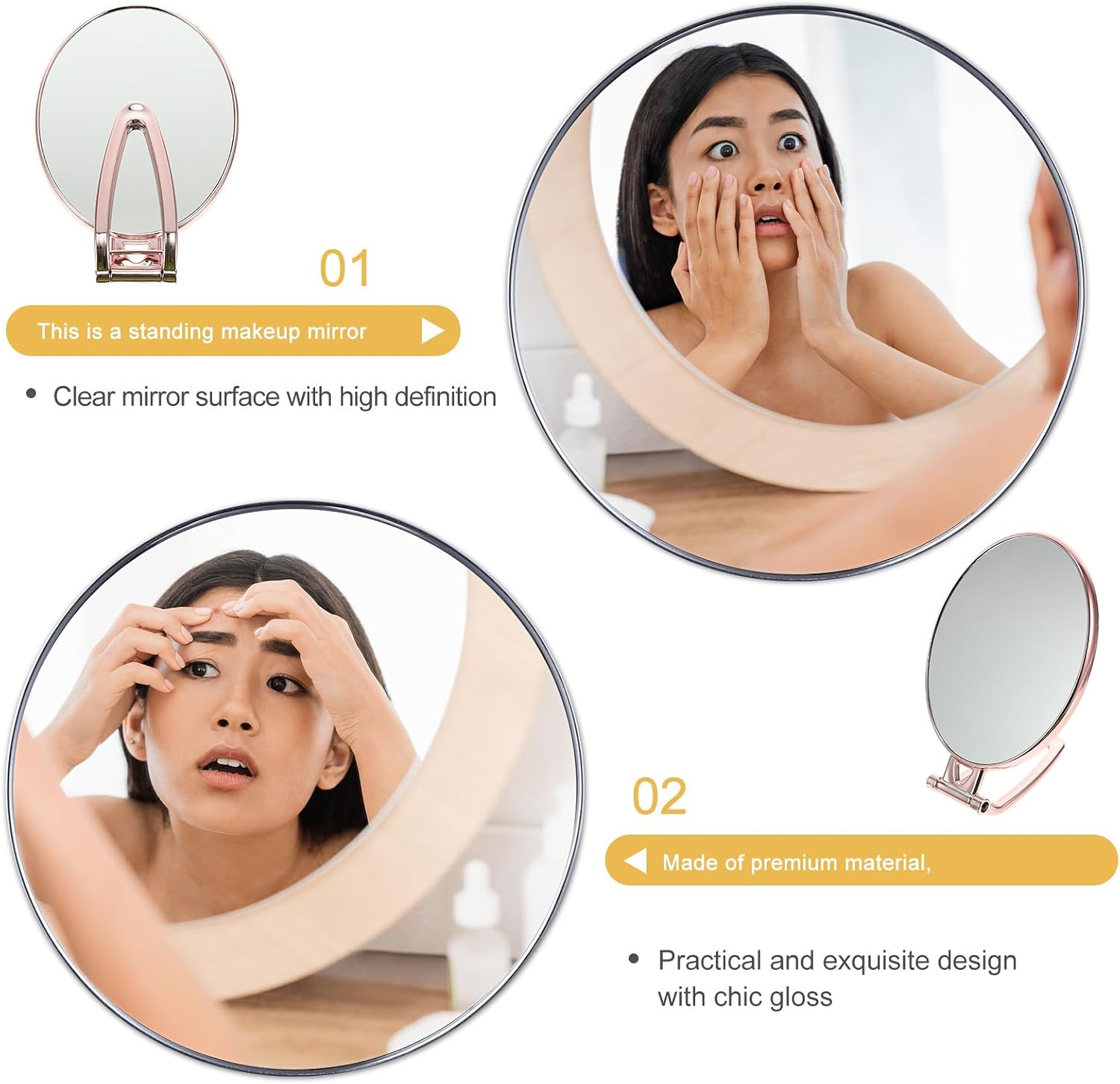 Handheld Magnifying Mirror Double-Sided Compact Vanity Mirror Rose Gold with 3X Magnification for Travel and Makeup