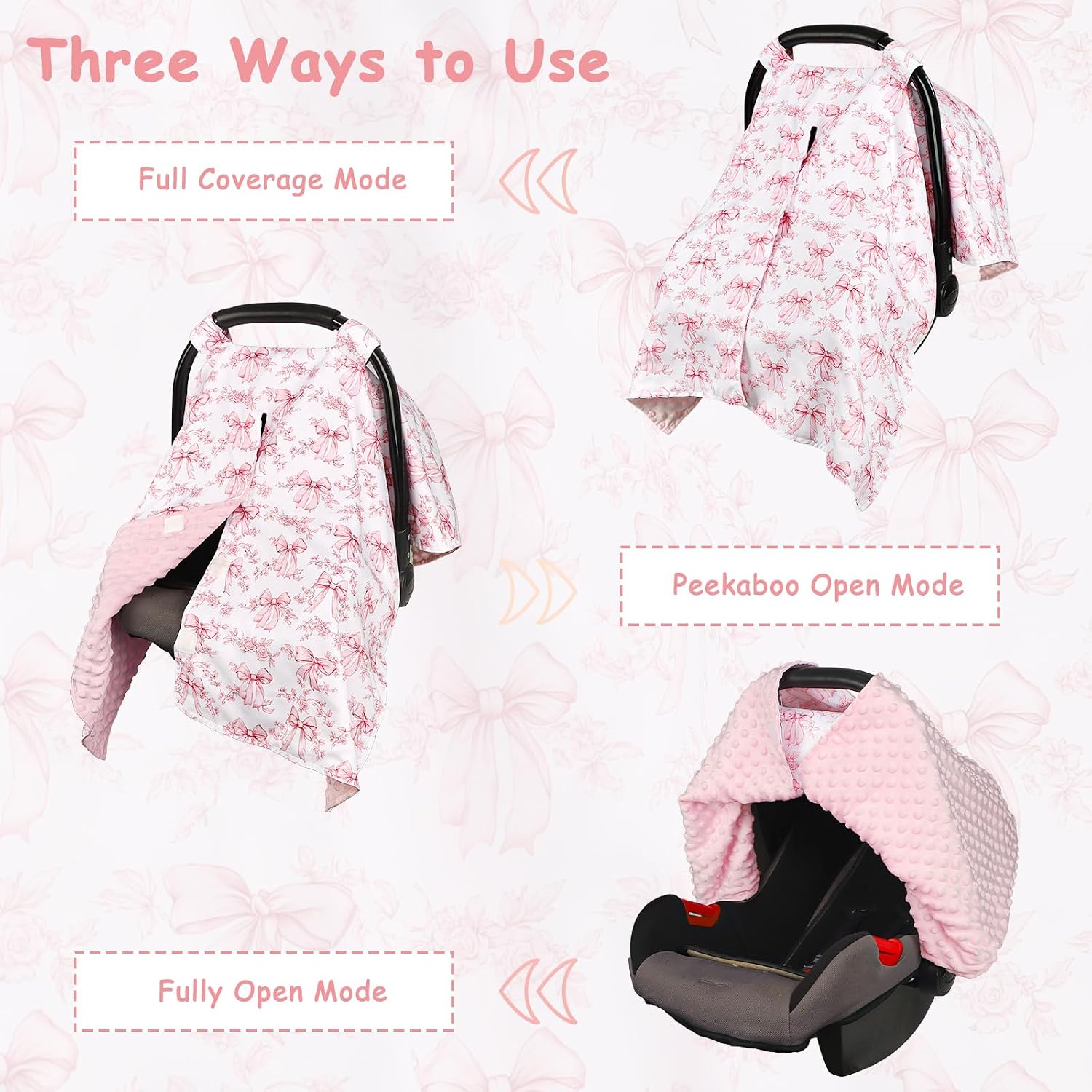 Baby Car Seat Cover, Soft Minky Warm Winter Car Seat Canopy for Infants & Toddlers, Opening with Adjustable Strap, Breathable Nursing Cover & Stroller Blanket, Bow Flowers (Fits Most Car Seats)