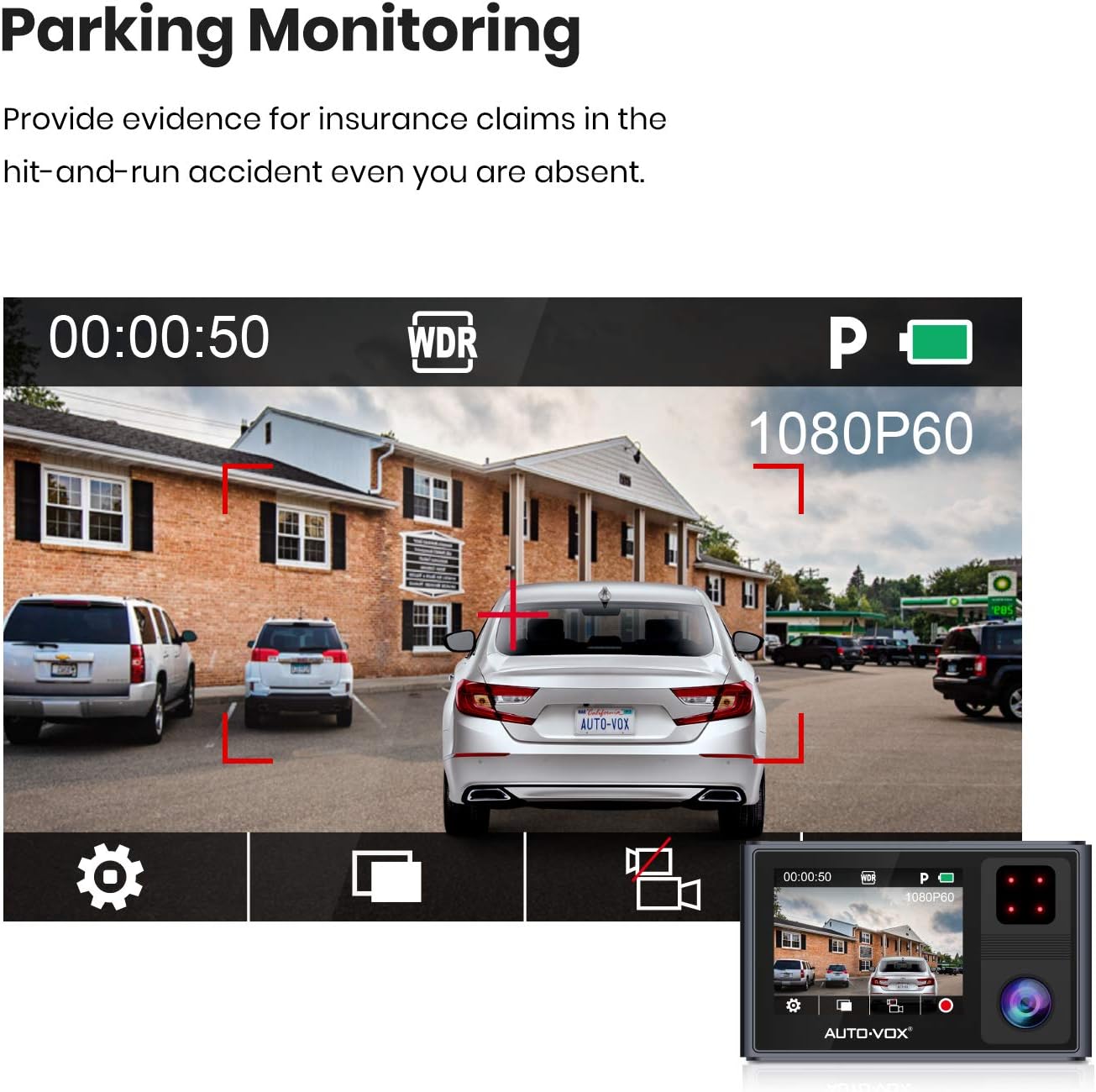 Dash cam screen showing parking monitoring in progress, with a car in a parking lot and red boxes indicating motion detection zones.