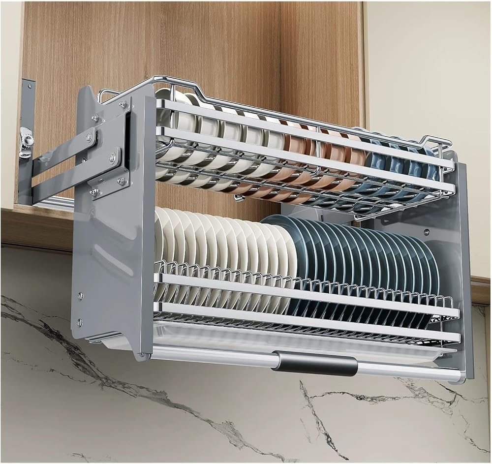 2-Tier Pull Down Cabinet Organizer, 304 Stainless Steel Dishes Rack For Upper Cabinets, Kitchen Shelf Lifting Basket((LxWxH)76x28x52cm) — 사진 1