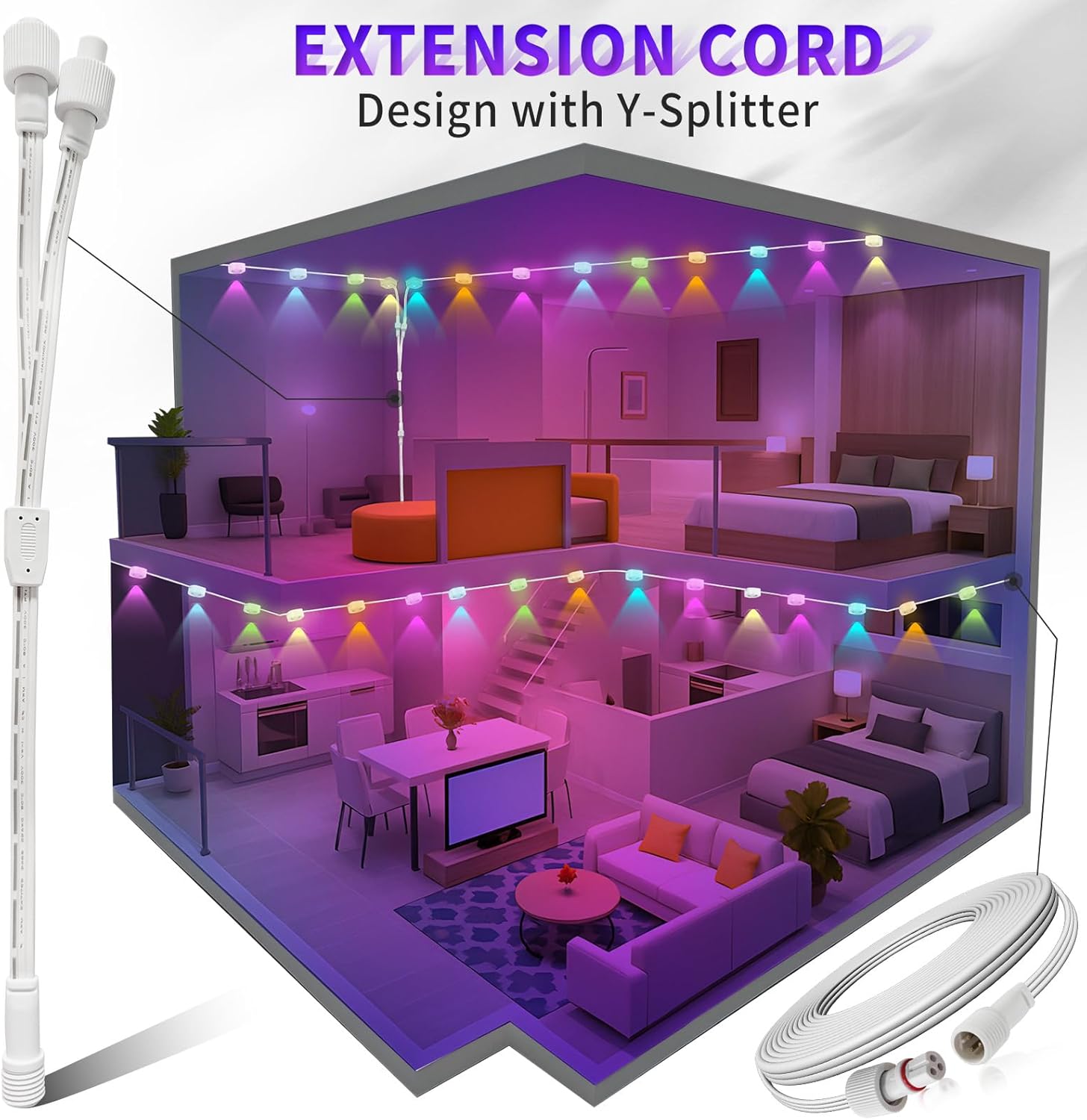 32.8FT Outdoor Light Extension Cord for Govee Permanent Lighting Extension Wire with Y-Splitter IP68 Waterproof Power Cable for Patio Garden Roof Decorations