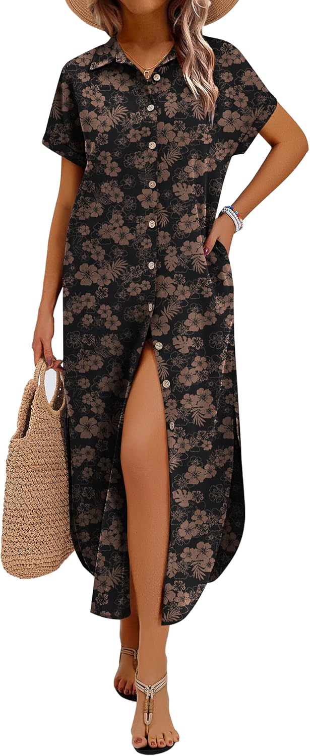 Zeagoo Womens Dresses Casual Summer Short Sleeve Button Down Long Shirt Dresses Swimsuit Beach Cover Ups with Pockets