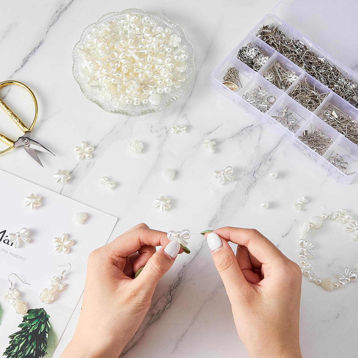 Juexica 500 Pcs ABS Imitation Pearl Beads Star Heart Bowknot Circle Flower White Aesthetic Beads for Jewelry Making Bracelets Necklaces Earrings Key Chains Accessories DIY Crafts(Elegant Style)