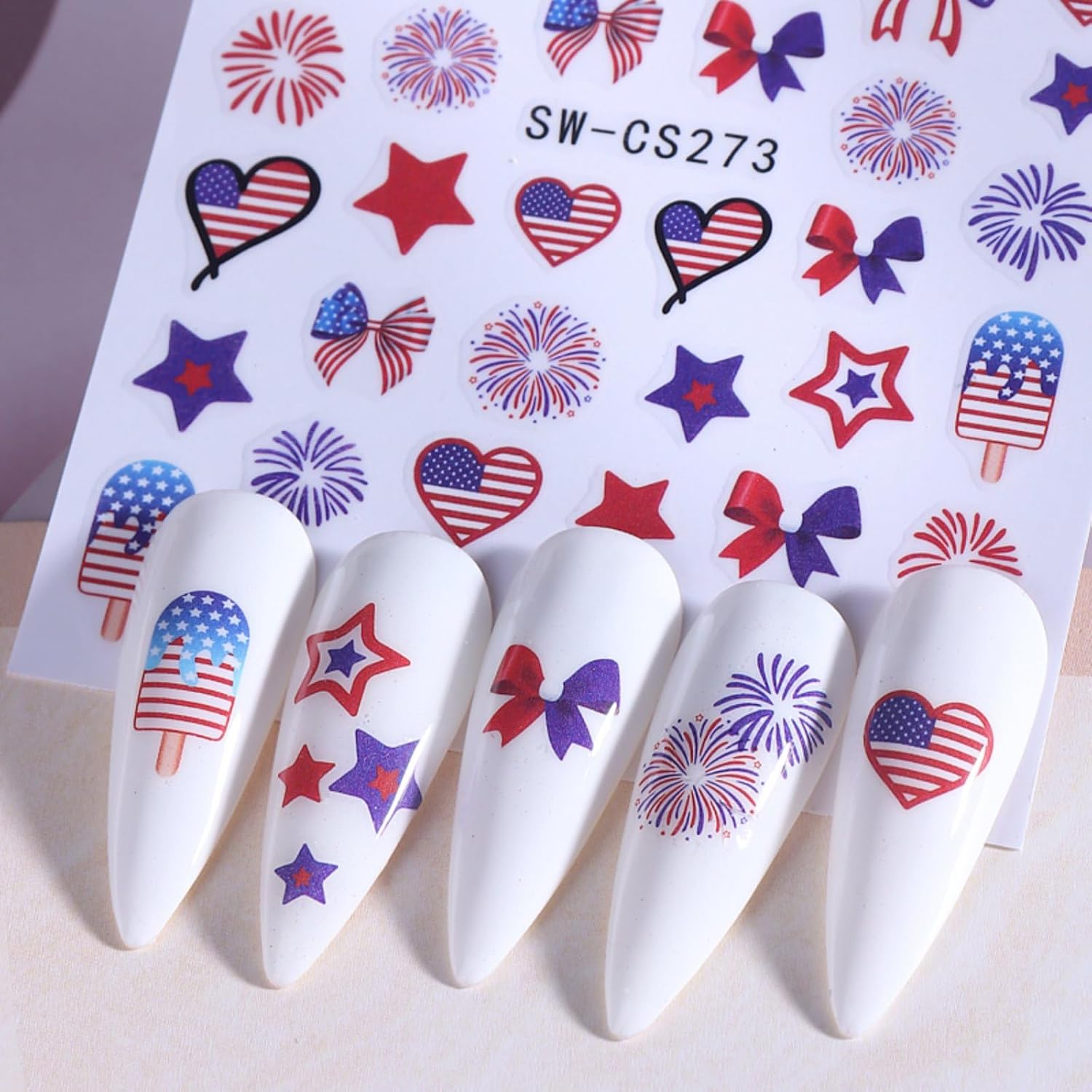 4th of July Nail Art Stickers Patriotic Nail Decals American Flag Star Firework Bow Heart Nail Design 3D Self-adhesive Nail Supplies Independence Day Nail Accessories for Women DIY Manicure Decoration