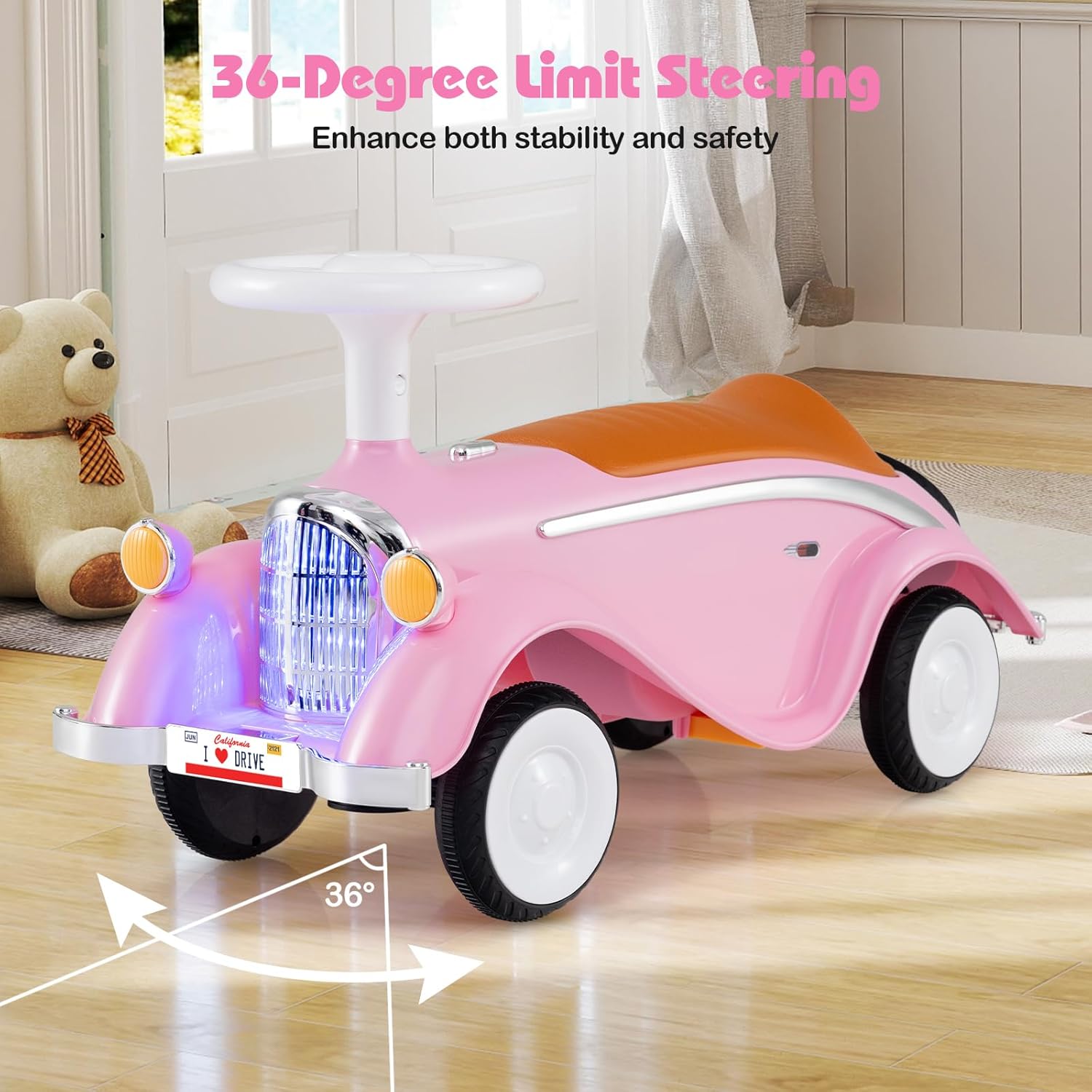Costzon Toddler Ride On Toy, Classic Foot to Floor Sliding Car w/Steering Wheel, Horn, Headlights & Under Seat Storage, Kids Push Ride-Ons, Retro Baby Ride On Toys for Boys Girls 19-36 Months (Pink)