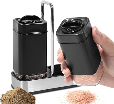 Black Salt and Pepper Shakers Set with Holder, Salt Shaker with Adjustable Pour Holes, Stainless Steel Refillable Spice Dispenser by Aelga