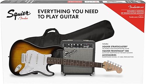 Miniatura 2 de Paquete de guitarra Squier by Fender Stratocaster para principiantes, diapasón de laurel, color marrón Sunburst, con bolsa Gig Bag, amplificador,