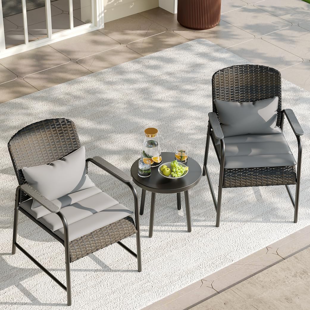 JOYURE 3 Pieces Outdoor Patio Furniture Set,All-Weather Wicker Rattan Bistro Set with Coffee Table and Cushions for Yard,Garden,Balcony,Chocolate Brown