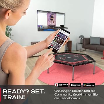 Sportstech HTX100 Folding Trampoline German Quality Brand Fitness Trampoline with Handle Indoor Jumping for Children and Adults TÜV/GS Jump Counter App