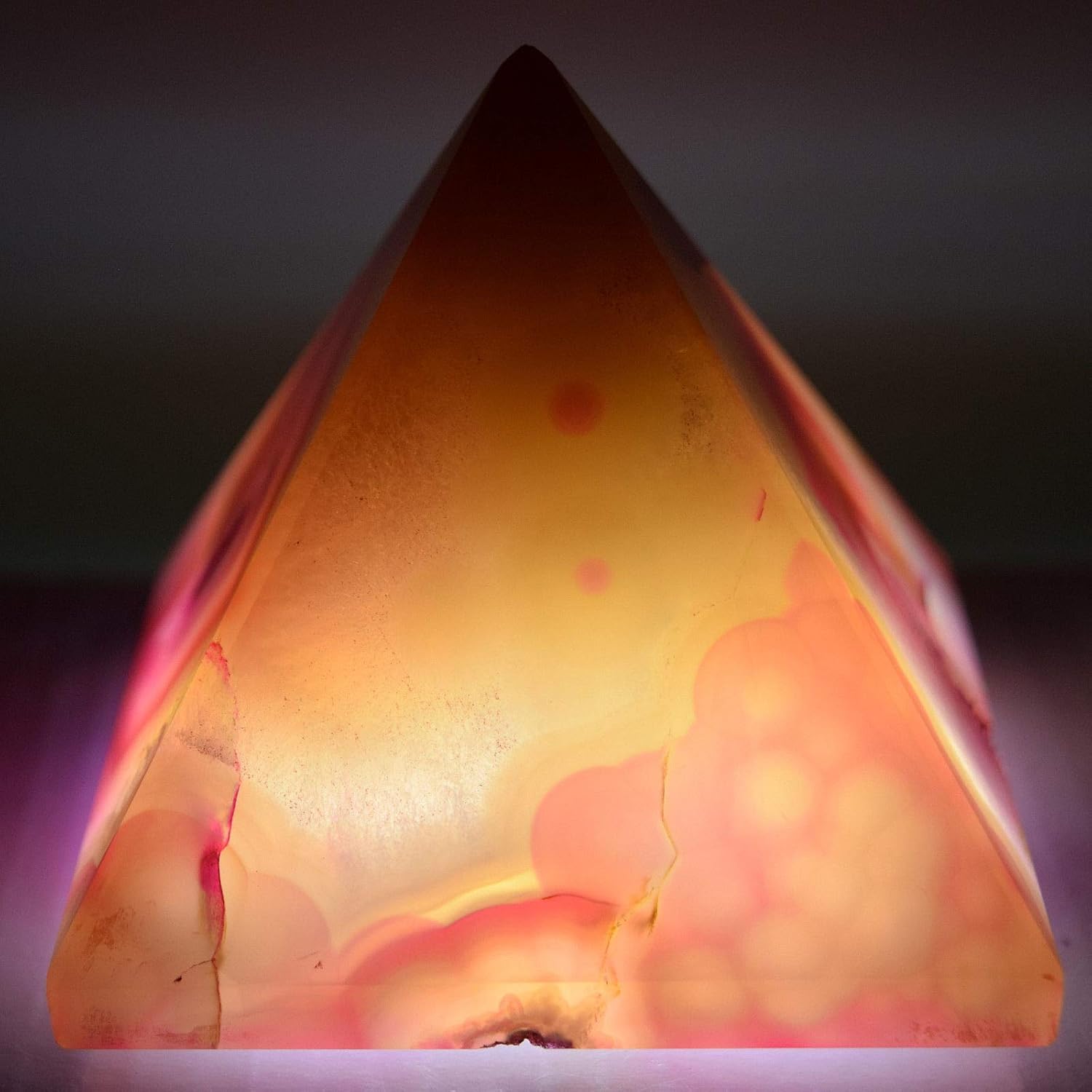 HC Set: 2.6" 275g Dyed Pink & White Agate Pyramid Polished Banded Chalcedony Druzy Quartz Crystal Mineral Specimen - India + One Clear Quartz Pebble