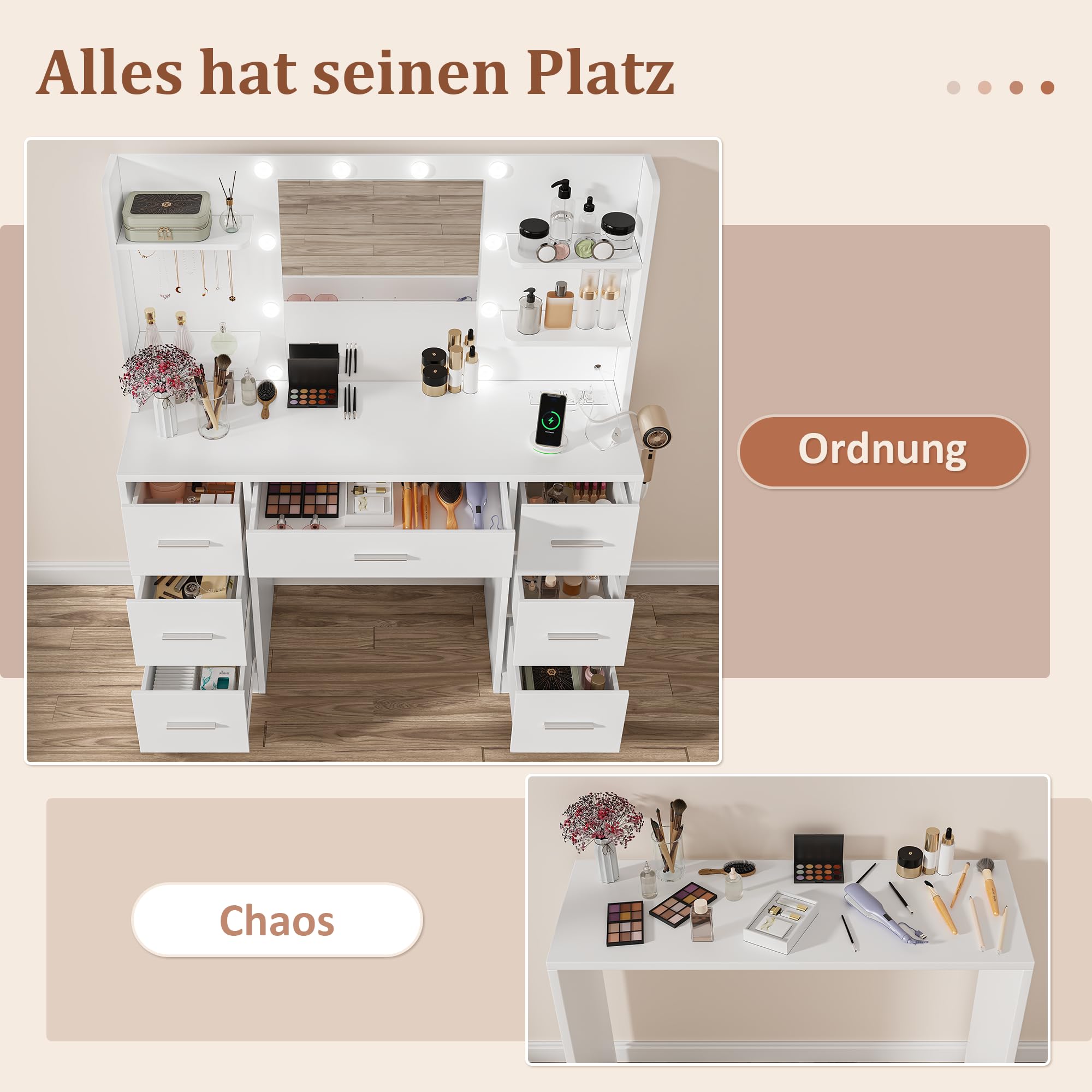 Große Schminktisch mit Verstellbaren LED-Beleuchtung, 2 Steckdosen und 2 USB-Anschluss Schminktisch mit Spiegel, 7 Schubladen mit Metallführungen, 7 Schmuckhaken und 1 Föhnhalter, Weiß