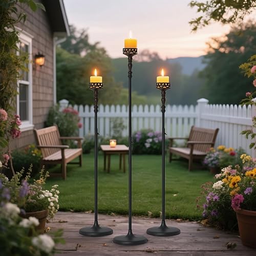 Miniatura 2 de VINCIGANT Portavelas de piso para mesas, 3 portavelas negro para velas de pilar, juego de velas de metal mate para bodas, fiestas, hogar, velas para