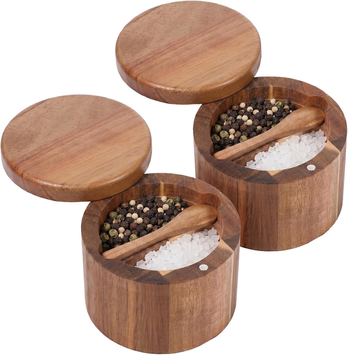 2 Pcs Acacia Wood Salt and Pepper Bowl with Spoon & Swivel Lid