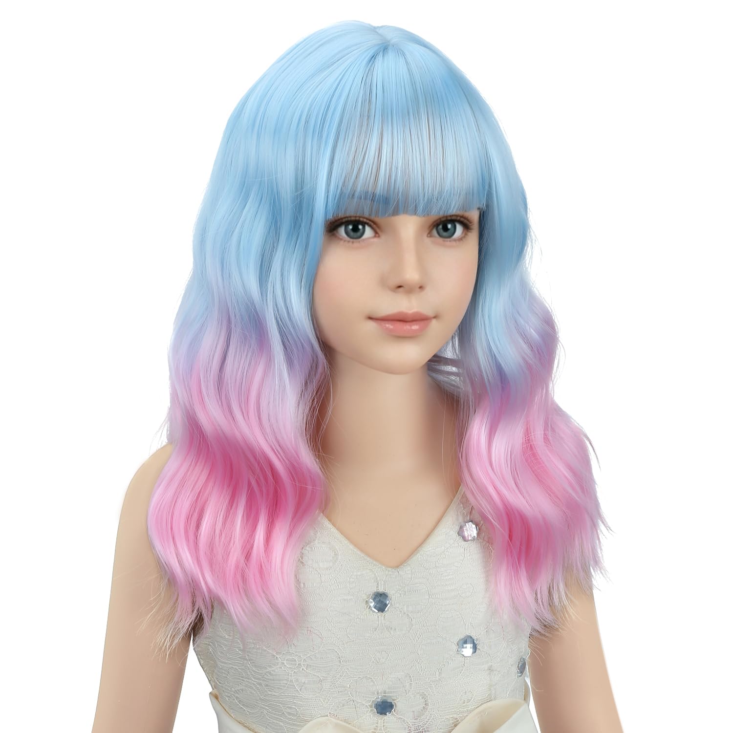  Girls Blue Ombre Pink Short Wavy Curly Wig with Bangs Kids Pink and Blue Bob Wigs Synthetic Halloween Costume Cosplay Party Wigs thumbnail