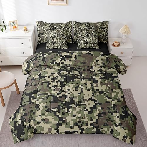 jejeloiu Light Green Camouflage Comforter Set with Sheets for Kids Boys Camo Bed