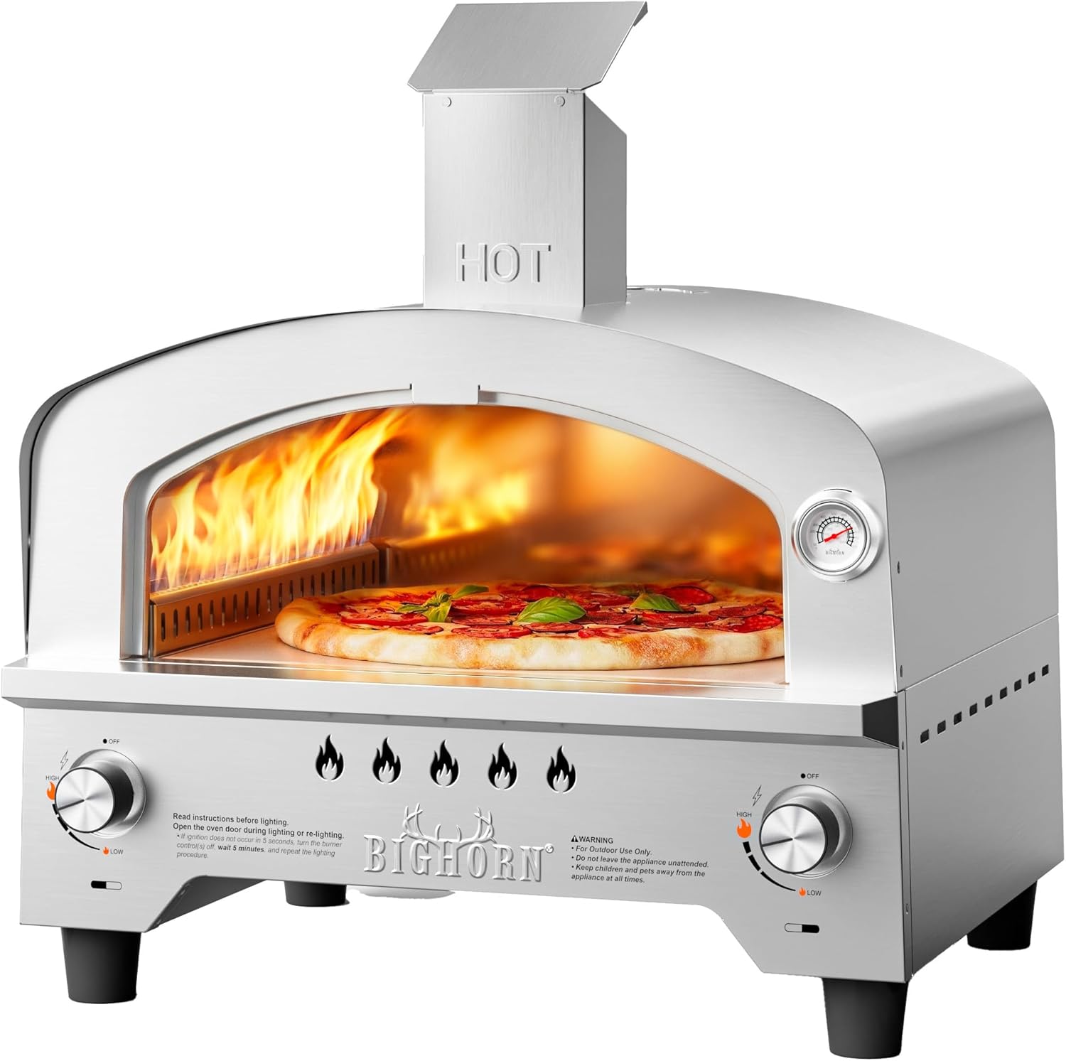 BIG HORN Gas Pizza Oven, Portable Propane Pizza Oven with 15 inch Pizza Stone, Stainless Steel Pizza Maker for Outdoor Cooking
