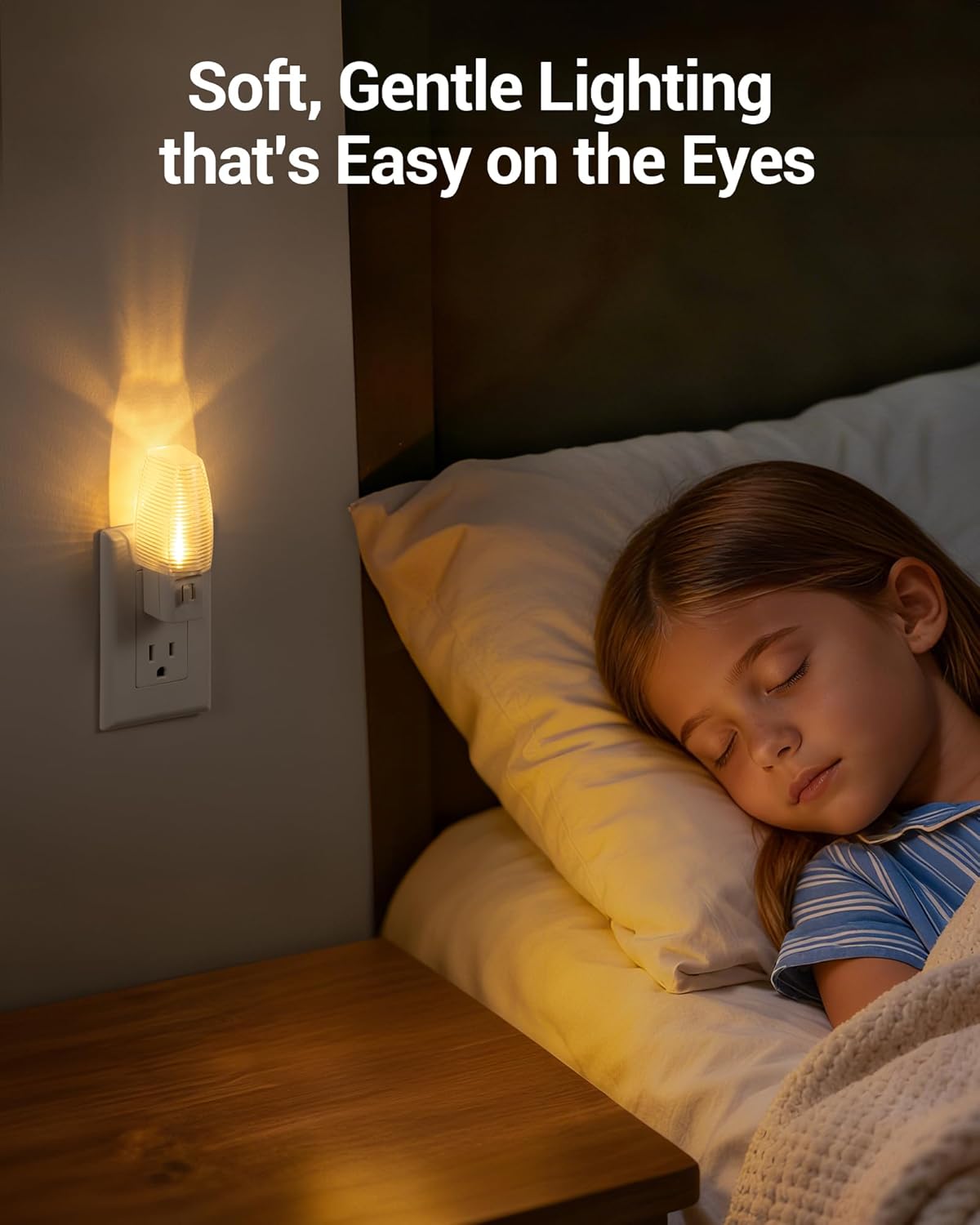 DEWENWILS night light providing soft illumination in a child's bedroom with a sleeping child