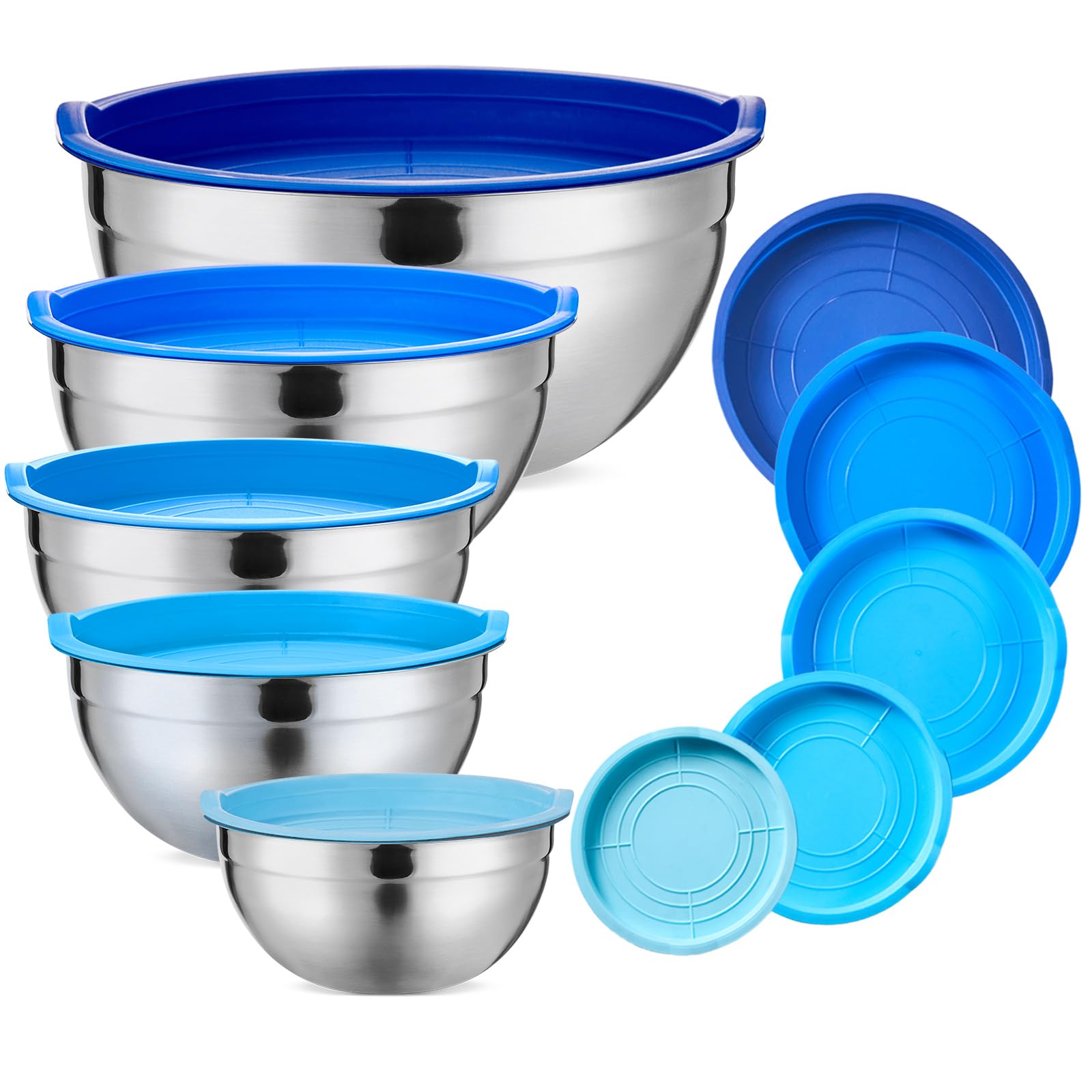 Mixing Bowls Set of 5,Stainless steel Nesting Bowls with Airtight Lids,Size 5, 4, 3.5, 2, 1.5QT for Baking,Cooking,Prepping and Saving Food,Blue